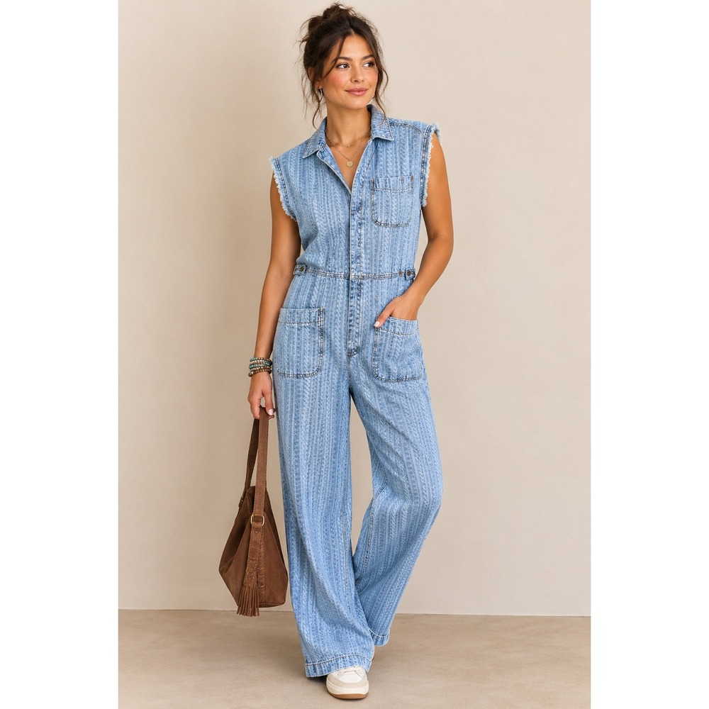 One Teaspoon Safari Denim Jumpsuit Overalls Textured Small Wide Leg Utility Boho